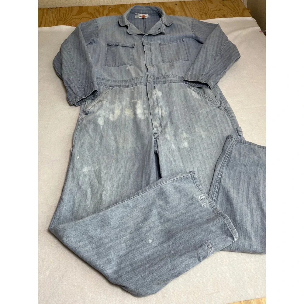 Vintage Dickies Coveralls Faded Blue Herringbone Twill Workwear Jumpsuit Cotton